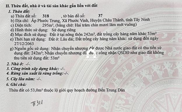 Bán đất 2 mặt tiền, diện tích 295 m2, đường nhựa, khu vực Phước Vinh, Châu Thành.