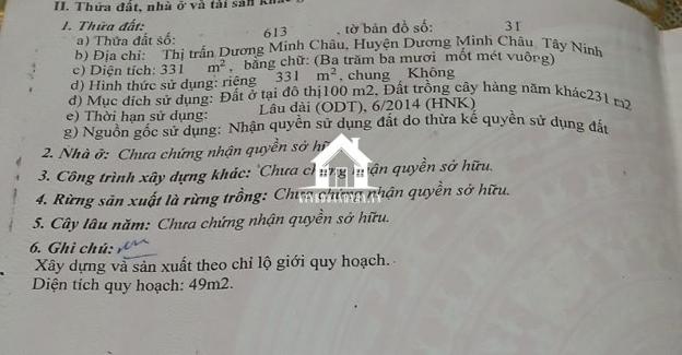 Bán đất diện tích 331 m2 tại thị trấn Dương Minh Châu, Tây Ninh.
