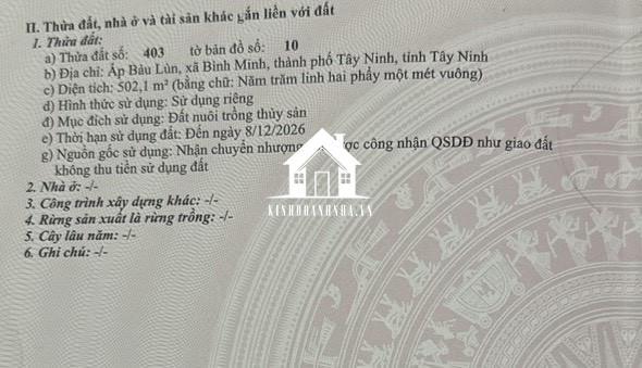 Bán đất diện tích 502 m2 tại xã Bình Minh, TP Tây Ninh.